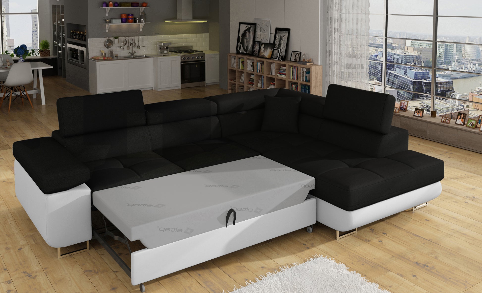 Narożnik Anton Sawana 14 czarny / Soft 17 biały rozłożony do funkcji spania – widok w salonie.