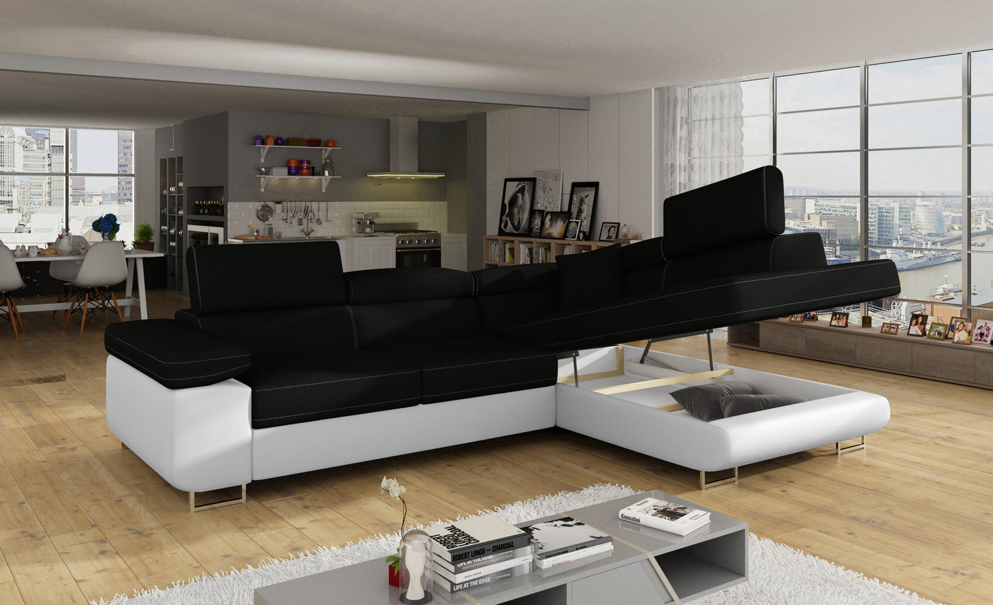 Narożnik Anton Sawana 14 czarny / Soft 17 biały z otwartym pojemnikiem na pościel.