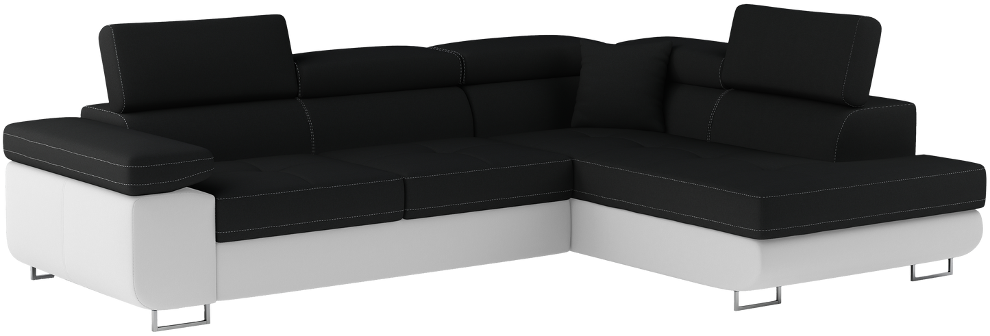 Narożnik Anton w kolorze Sawana 14 czarny / Soft 17 biały, układ prawy – widok z przodu pod kątem.