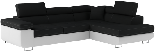 Narożnik Anton w kolorze Sawana 14 czarny / Soft 17 biały, układ prawy – widok z przodu pod kątem.