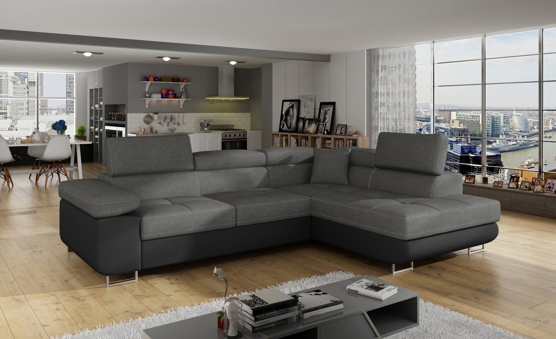 Narożnik Anton Sawana 21 szary / Soft 11 czarny w aranżacji przestronnego salonu z dużymi oknami.