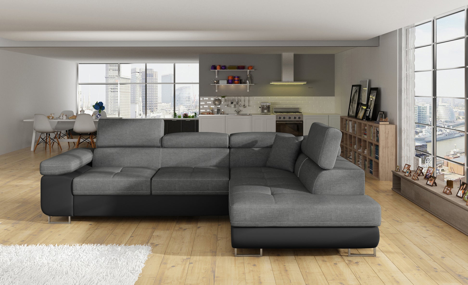 Narożnik Anton Sawana 21 szary / Soft 11 czarny – pełny widok w salonie z kuchnią w tle.