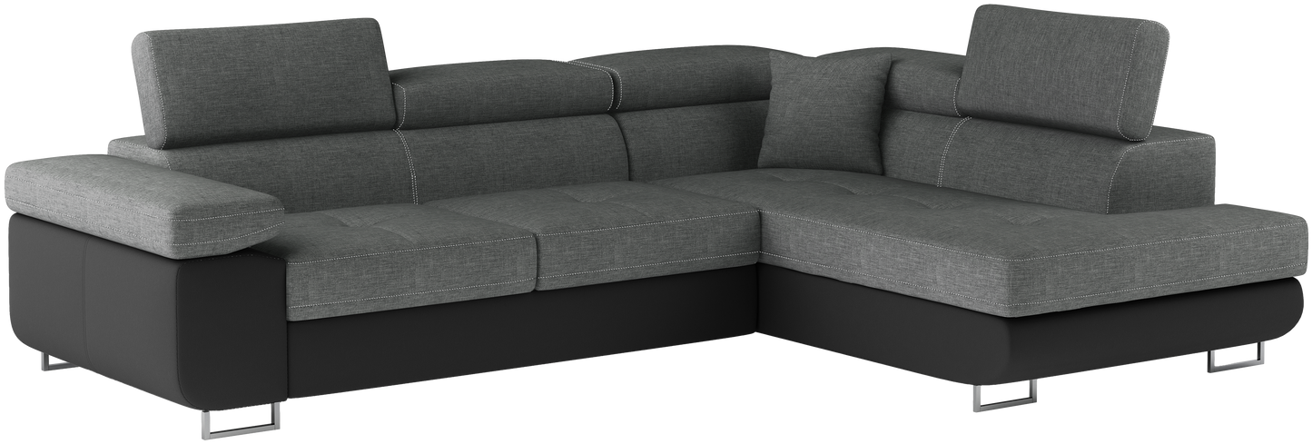 Narożnik Anton w kolorze Sawana 21 szary / Soft 11 czarny, układ prawy – widok z przodu pod kątem.