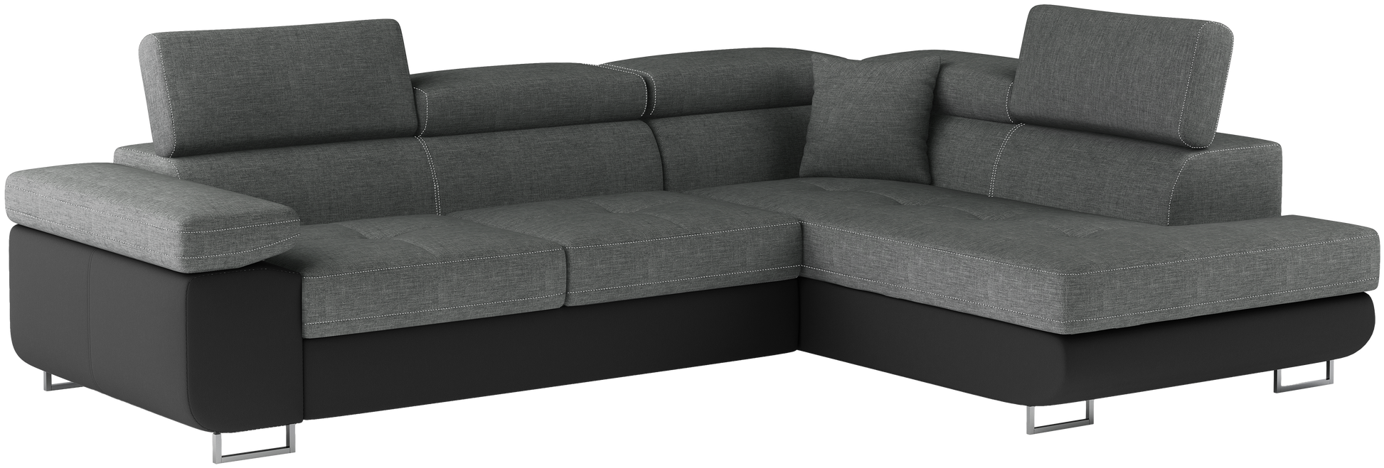 Narożnik Anton w kolorze Sawana 21 szary / Soft 11 czarny, układ prawy – widok z przodu pod kątem.