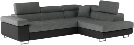 Narożnik Anton w kolorze Sawana 21 szary / Soft 11 czarny, układ prawy – widok z przodu pod kątem.