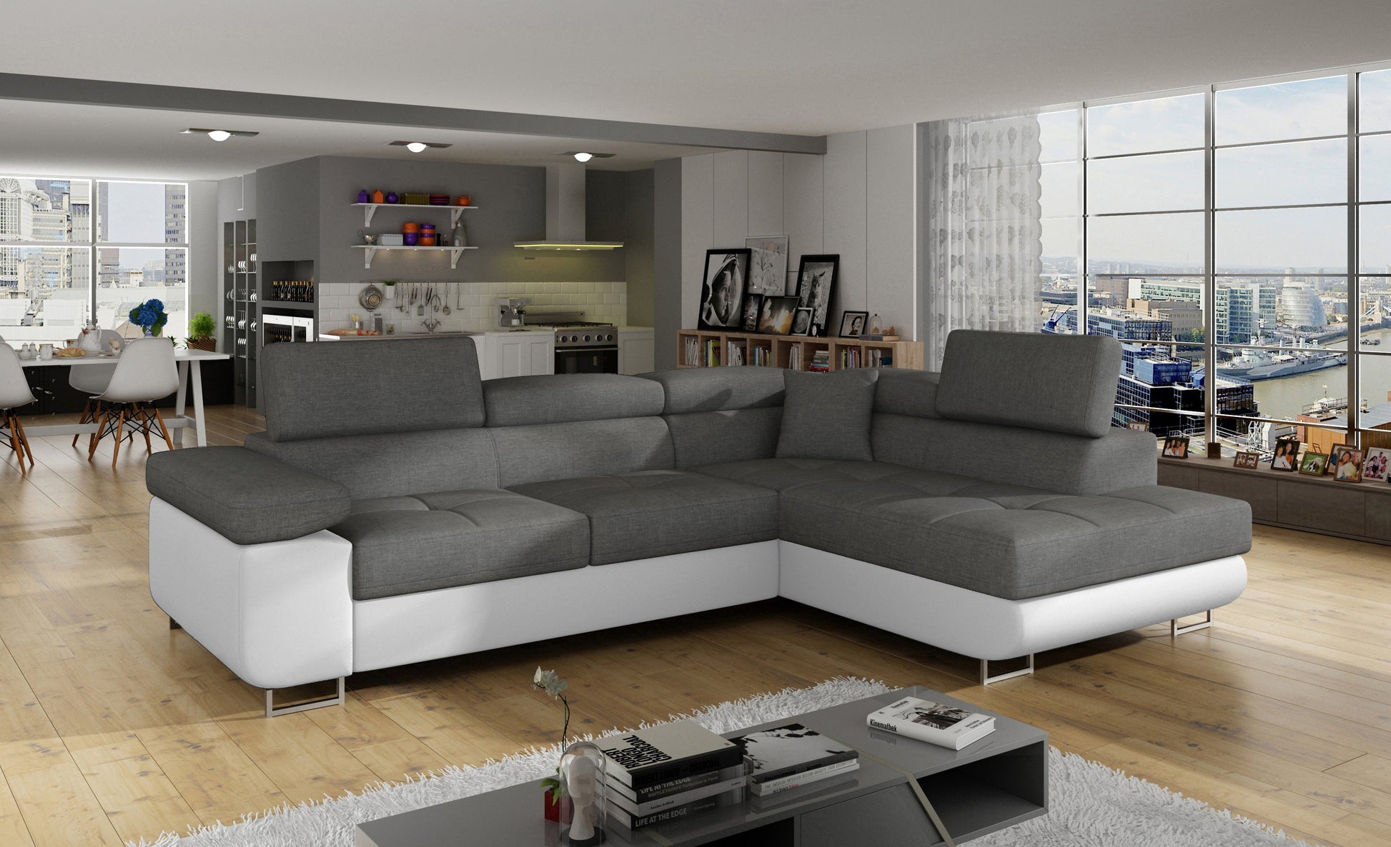 Narożnik Anton Sawana 21 szary / Soft 17 biały w aranżacji nowoczesnego salonu z dużymi oknami.