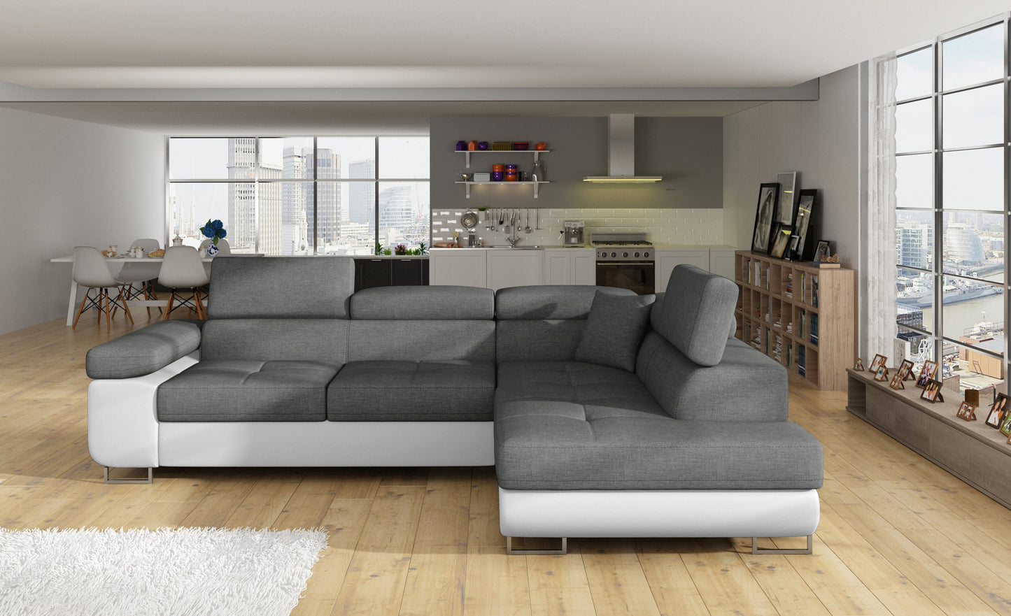 Narożnik Anton Sawana 21 szary / Soft 17 biały – pełny widok w salonie z kuchnią w tle.