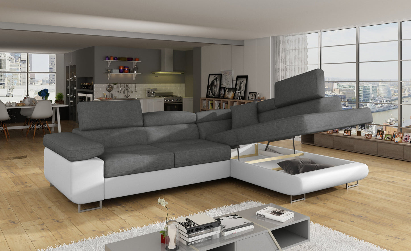 Narożnik Anton Sawana 21 szary / Soft 17 biały z otwartym pojemnikiem na pościel.