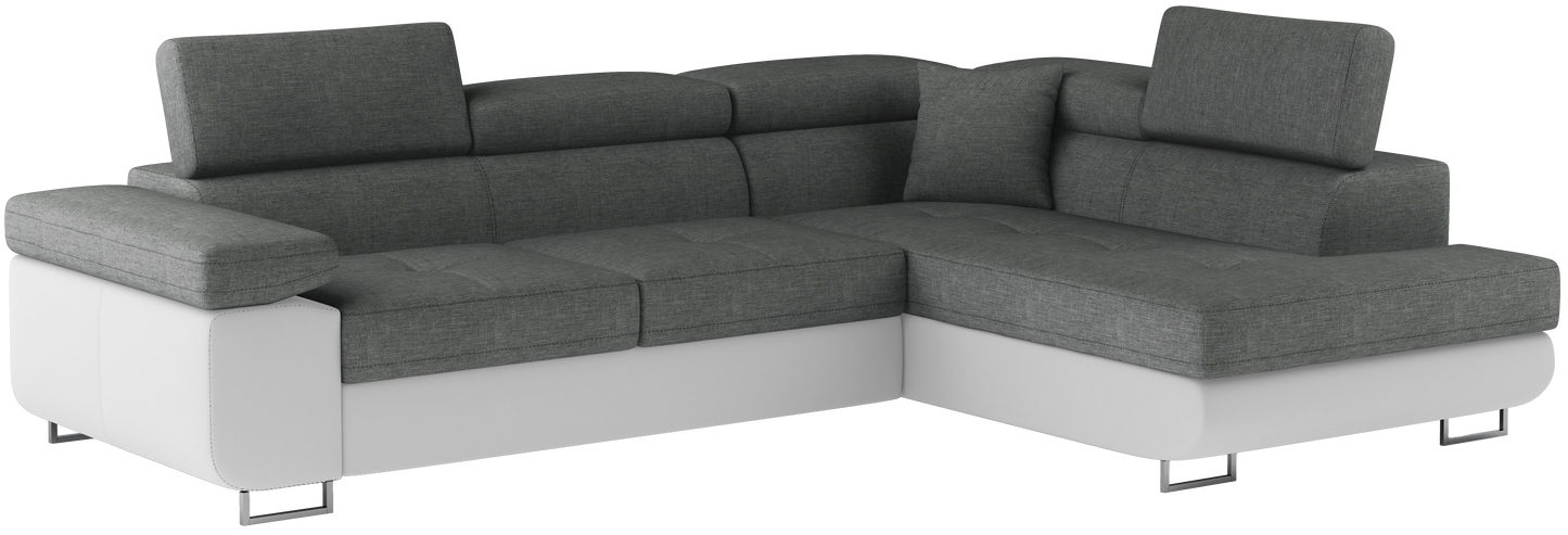 Narożnik Anton w kolorze Sawana 21 szary / Soft 17 biały, układ prawy – widok z przodu pod kątem.