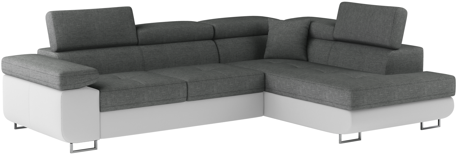 Narożnik Anton w kolorze Sawana 21 szary / Soft 17 biały, układ prawy – widok z przodu pod kątem.