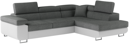 Narożnik Anton w kolorze Sawana 21 szary / Soft 17 biały, układ prawy – widok z przodu pod kątem.