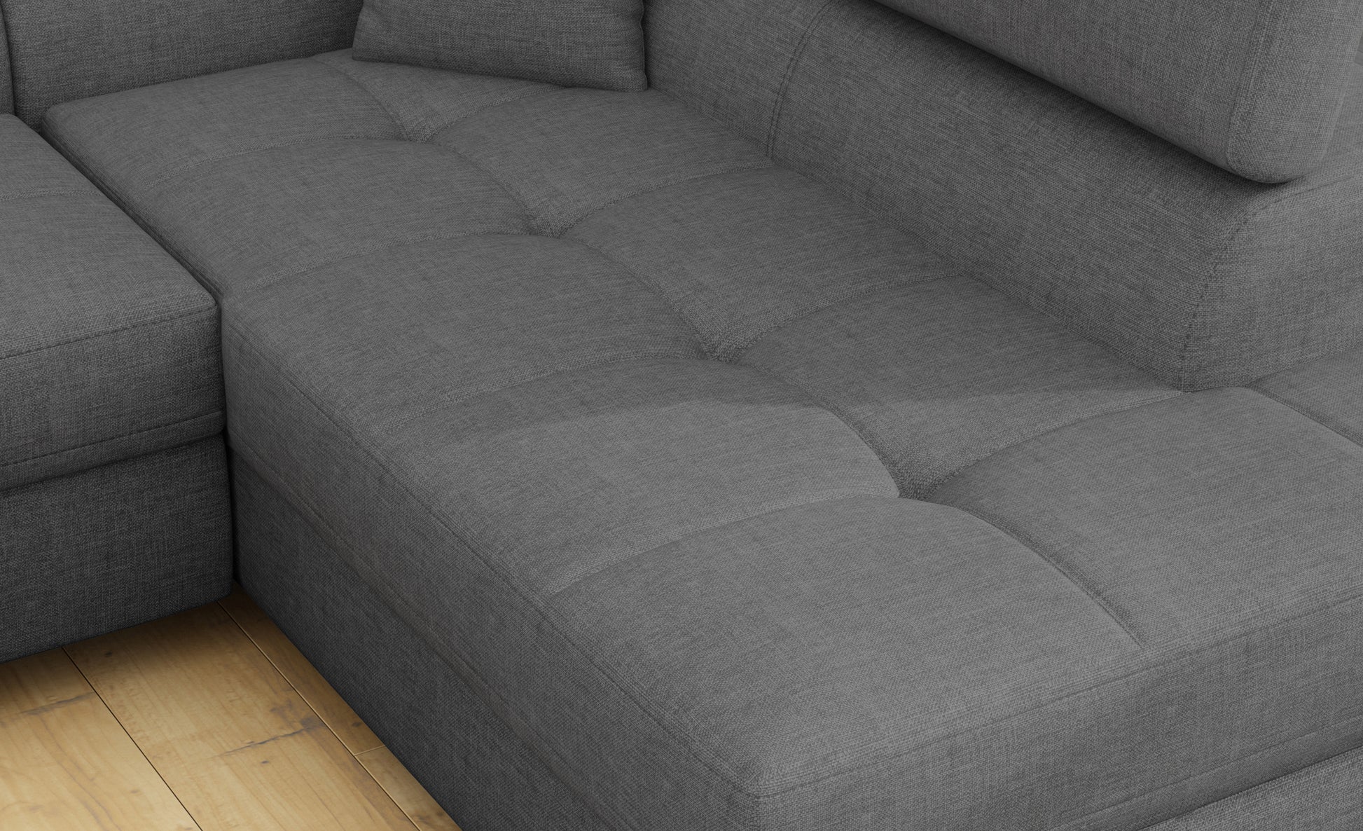 Zbliżenie na siedzisko narożnika Anton w kolorze Sawana 21 szary.