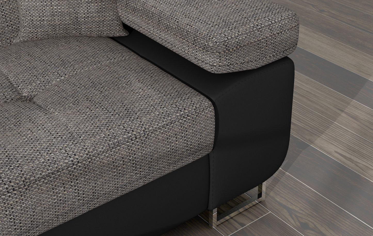 Zbliżenie na podłokietnik narożnika Armando w tkaninach Berlin 01 szary i Soft 11 czarny – prezentacja przeszyć i faktury tapicerki.