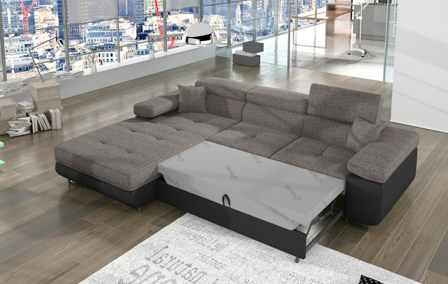 Narożnik Armando Berlin 01 szary / Soft 11 czarny – prezentacja funkcji spania z wysuniętym mechanizmem, ujęcie z góry.