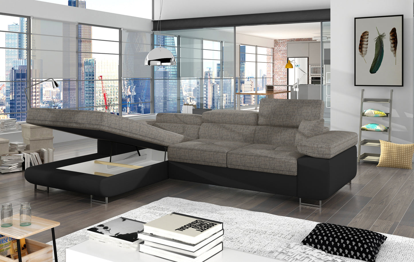 Narożnik Armando w tkaninach Berlin 01 szary i Soft 11 czarny – otwarty pojemnik na pościel, ujęcie boczne pokazujące wnętrze schowka.