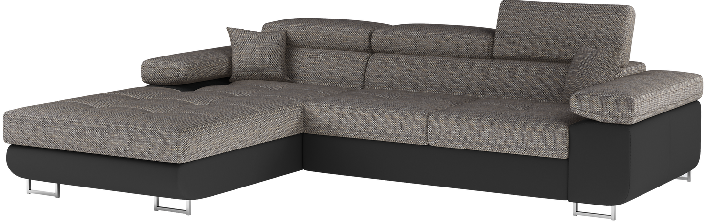 Narożnik Armando lewy w tkaninach Berlin 01 szary i Soft 11 czarny – ujęcie produktowe na neutralnym tle, pełny widok sofy.