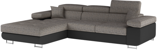 Narożnik Armando lewy w tkaninach Berlin 01 szary i Soft 11 czarny – ujęcie produktowe na neutralnym tle, pełny widok sofy.