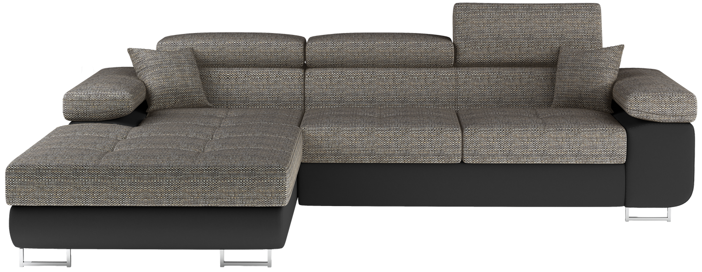 Frontalny widok narożnika Armando w tkaninach Berlin 01 szary i Soft 11 czarny, układ lewy, prezentacja całej bryły mebla.