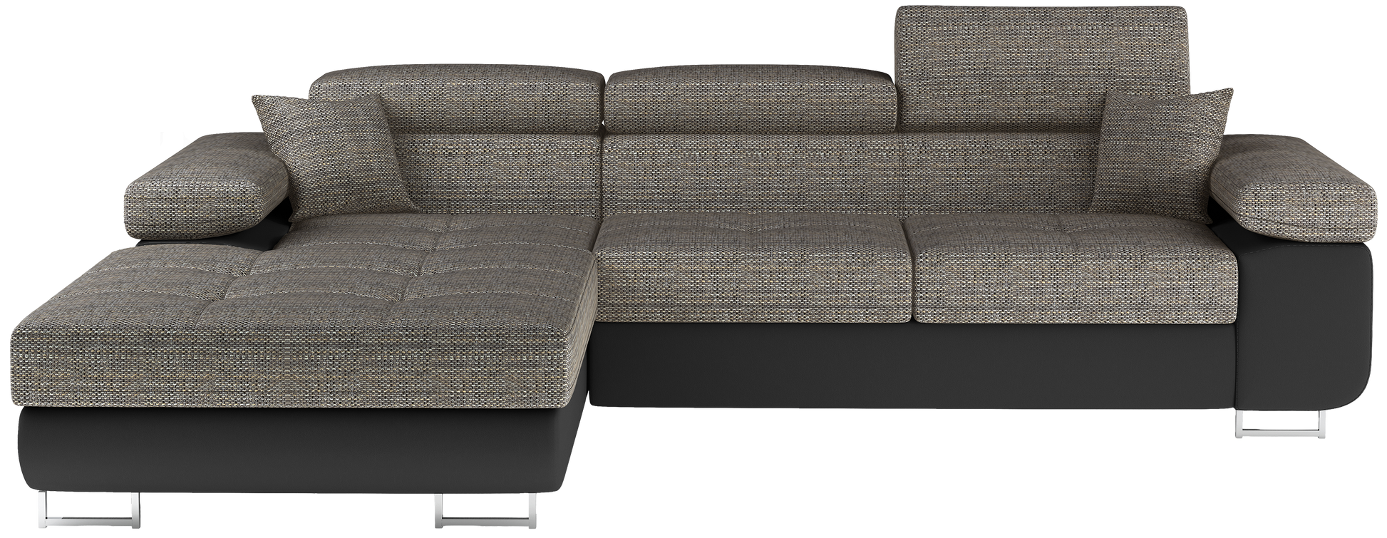 Frontalny widok narożnika Armando w tkaninach Berlin 01 szary i Soft 11 czarny, układ lewy, prezentacja całej bryły mebla.