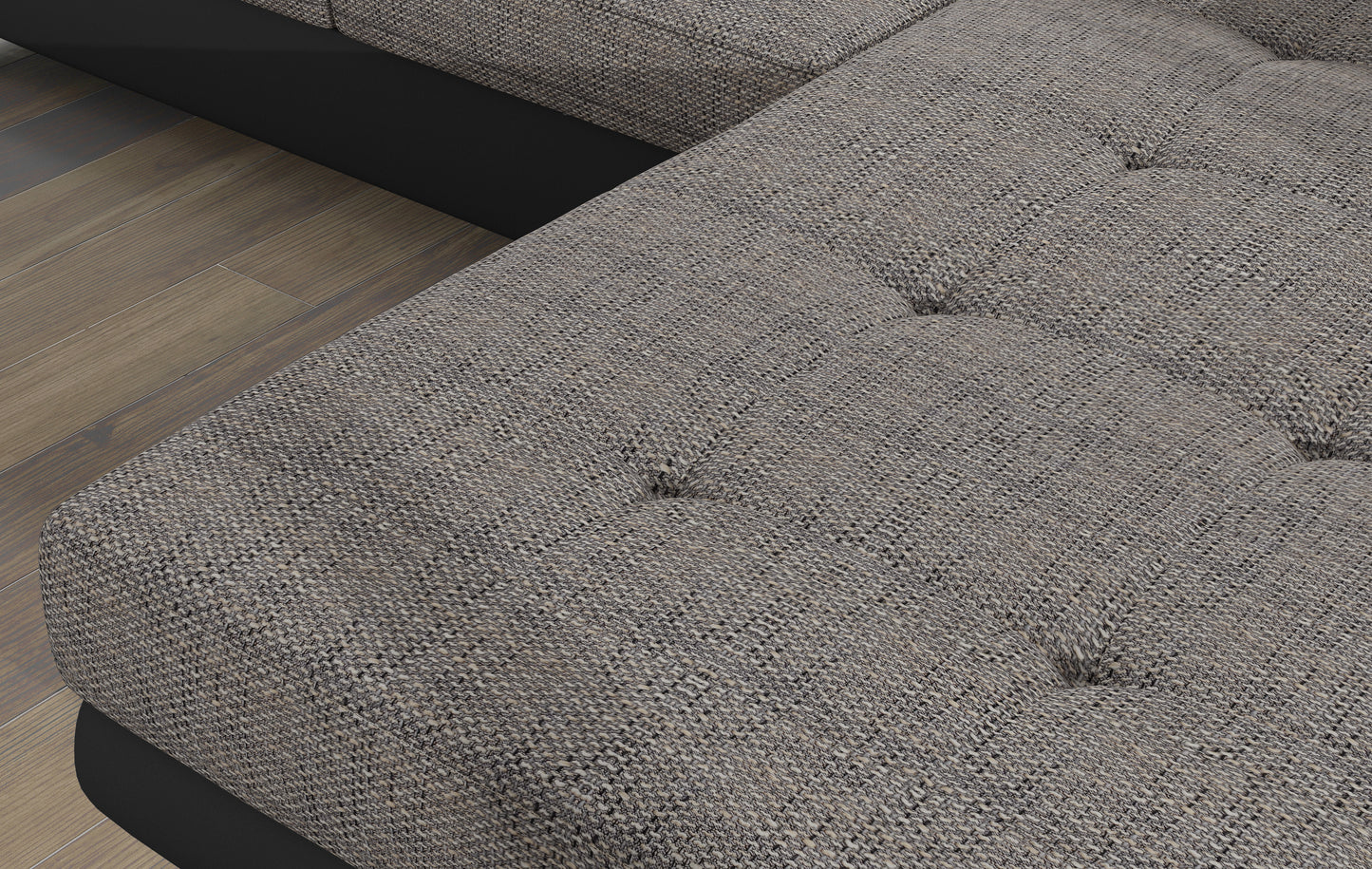 Zbliżenie na tapicerkę narożnika Armando w tkaninie Berlin 01 szary – struktura plecionki i pikowane przeszycia.