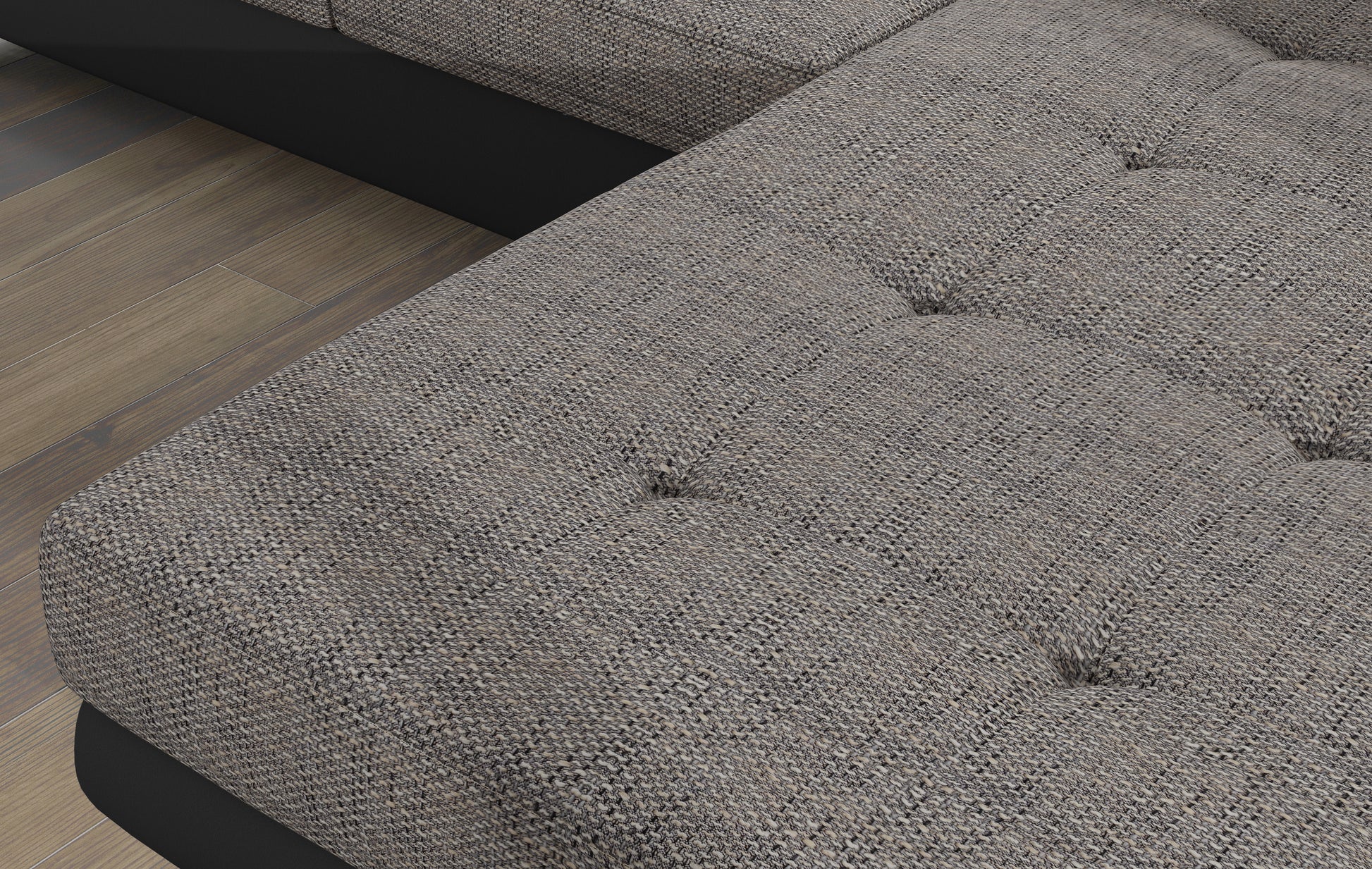 Zbliżenie na tapicerkę narożnika Armando w tkaninie Berlin 01 szary – struktura plecionki i pikowane przeszycia.