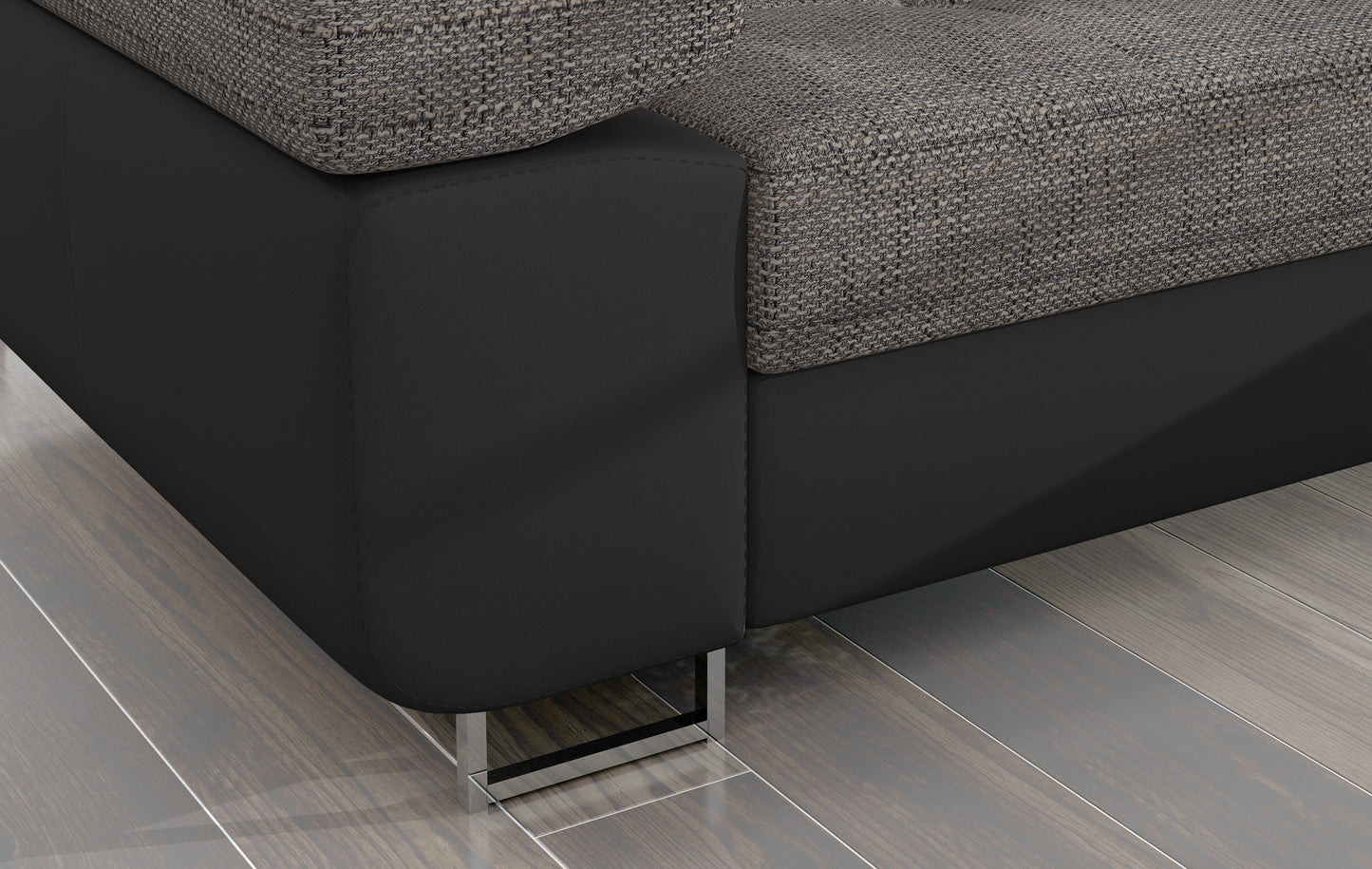 Detal narożnika Armando: czarna podstawa Soft 11 i metalowa noga w nowoczesnym chromowanym wykończeniu.