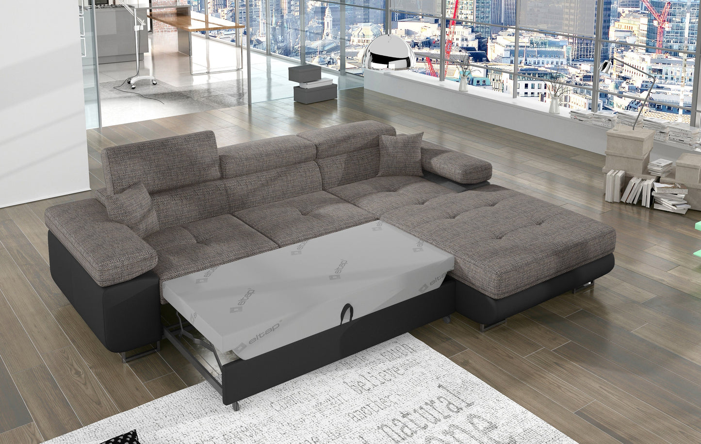 Narożnik Armando prawy rozłożony do funkcji spania z materacem, tkanina Berlin 01 szary i podstawa Soft 11 czarna.