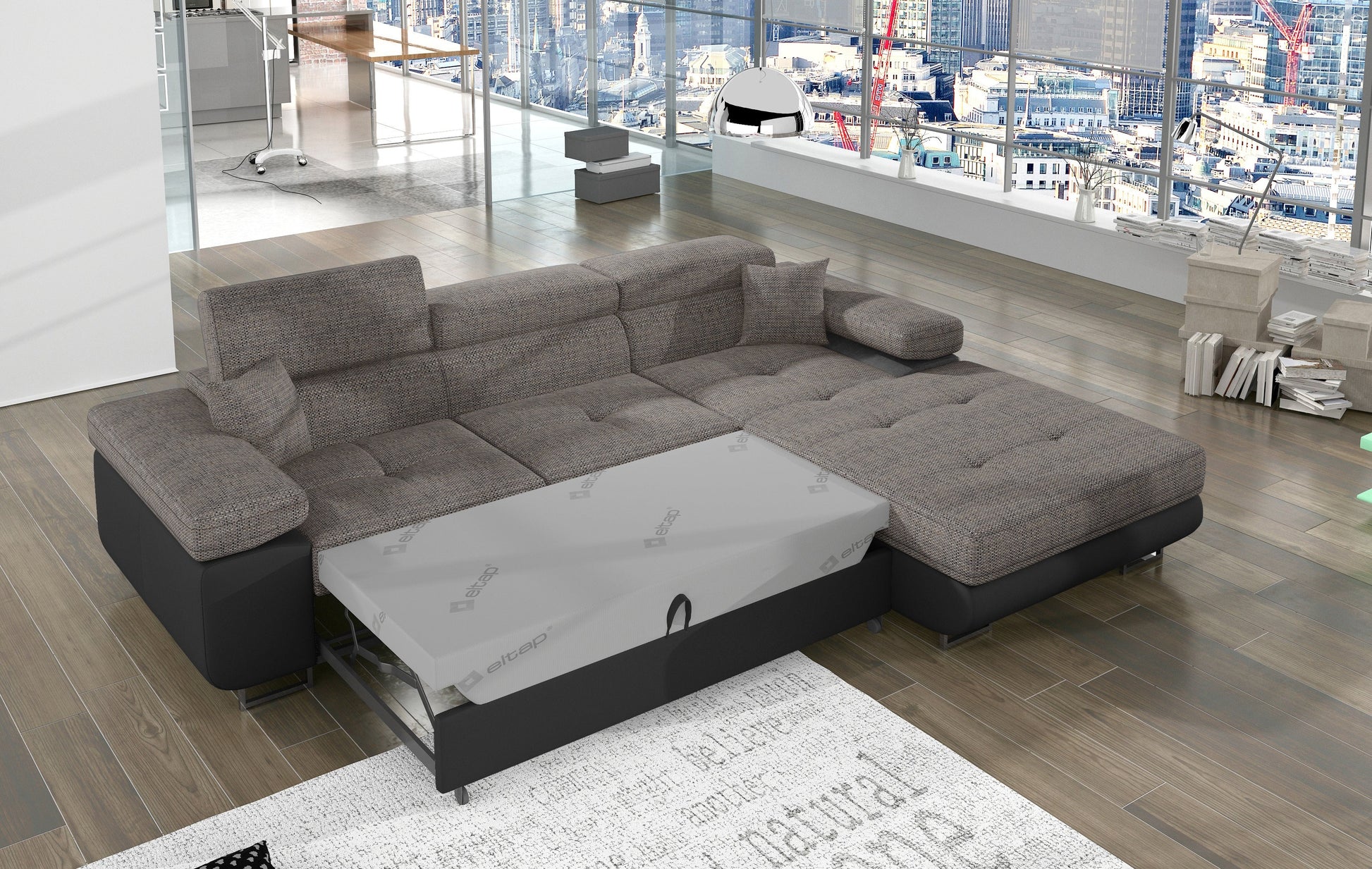 Narożnik Armando prawy rozłożony do funkcji spania z materacem, tkanina Berlin 01 szary i podstawa Soft 11 czarna.