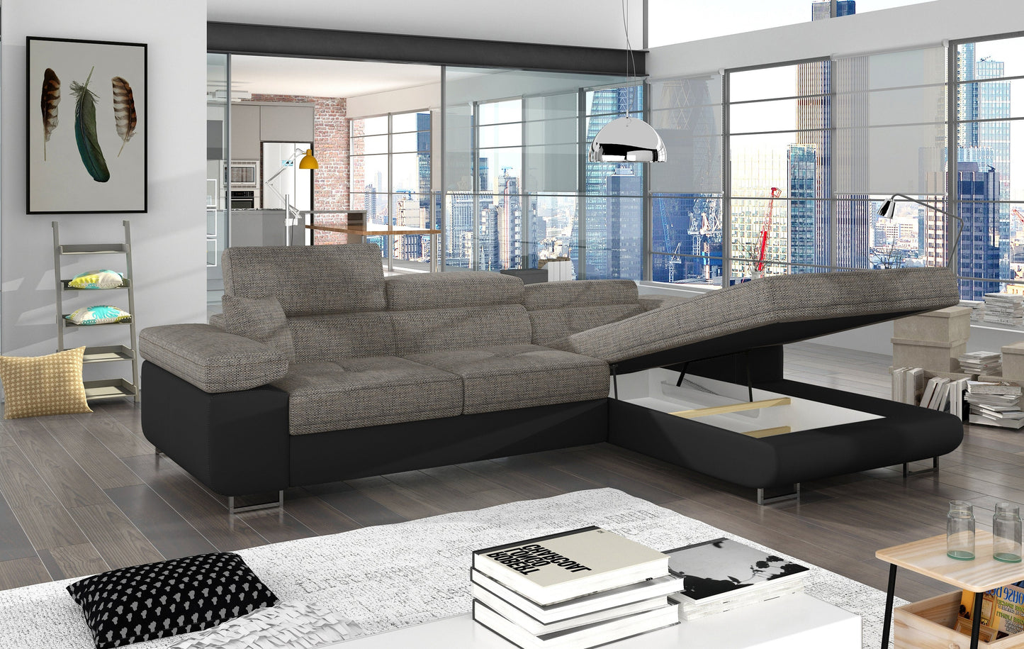 Narożnik Armando prawy z podniesionym siedziskiem ukazującym pojemnik na pościel, tkanina Berlin 01 szary i ekoskóra Soft 11 czarna.