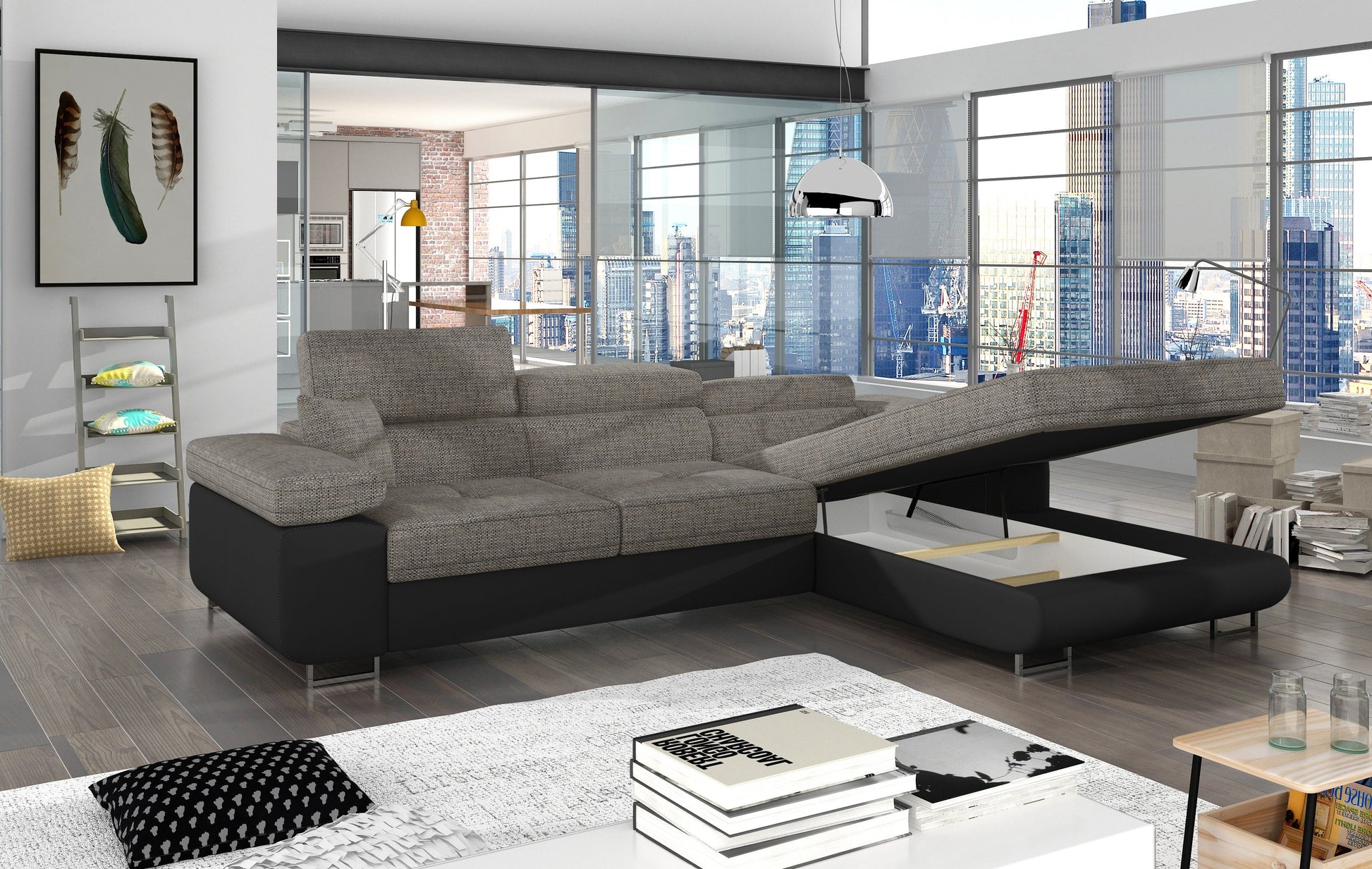 Narożnik Armando prawy z podniesionym siedziskiem ukazującym pojemnik na pościel, tkanina Berlin 01 szary i ekoskóra Soft 11 czarna.