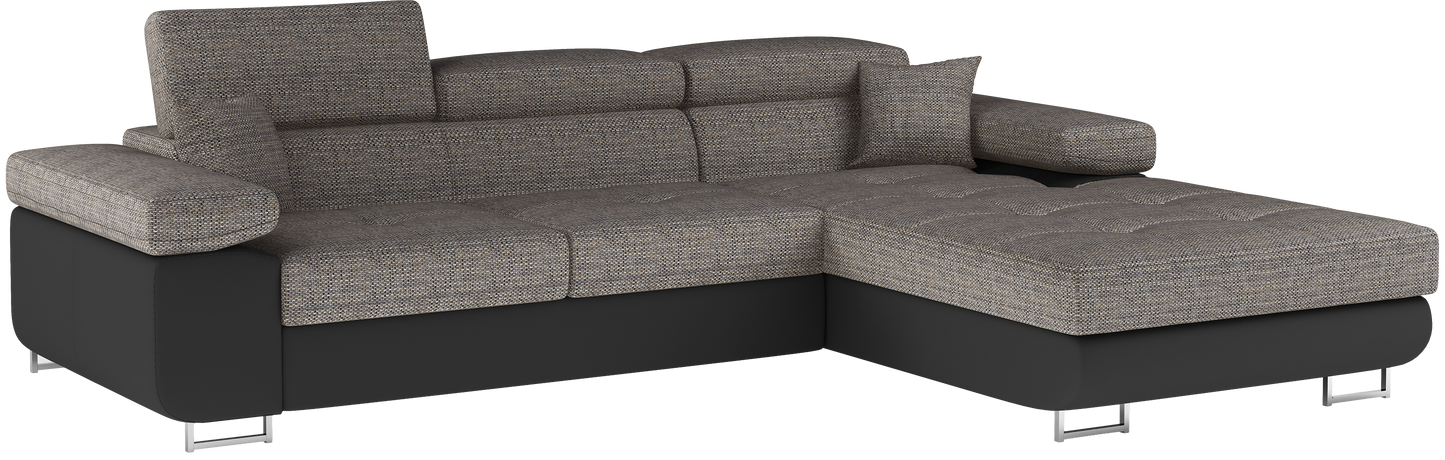 Narożnik Armando prawy w tkaninie Berlin 01 szary i ekoskórze Soft 11 czarnej – ujęcie z boku na neutralnym tle, widok całej sofy.