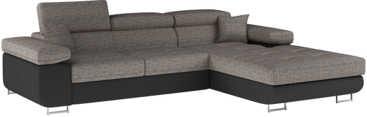 Narożnik Armando prawy w tkaninie Berlin 01 szary i ekoskórze Soft 11 czarnej – ujęcie z boku na neutralnym tle, widok całej sofy.