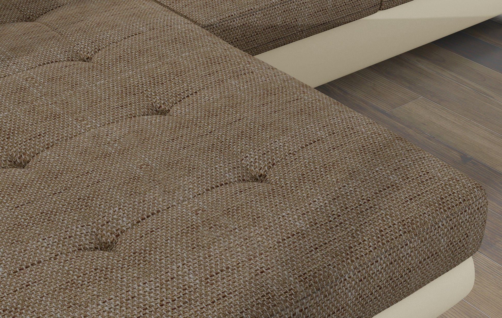 Zbliżenie na pikowane siedzisko narożnika Armando w tkaninie Berlin 03 ciemnobeżowy – wyraźna struktura materiału.