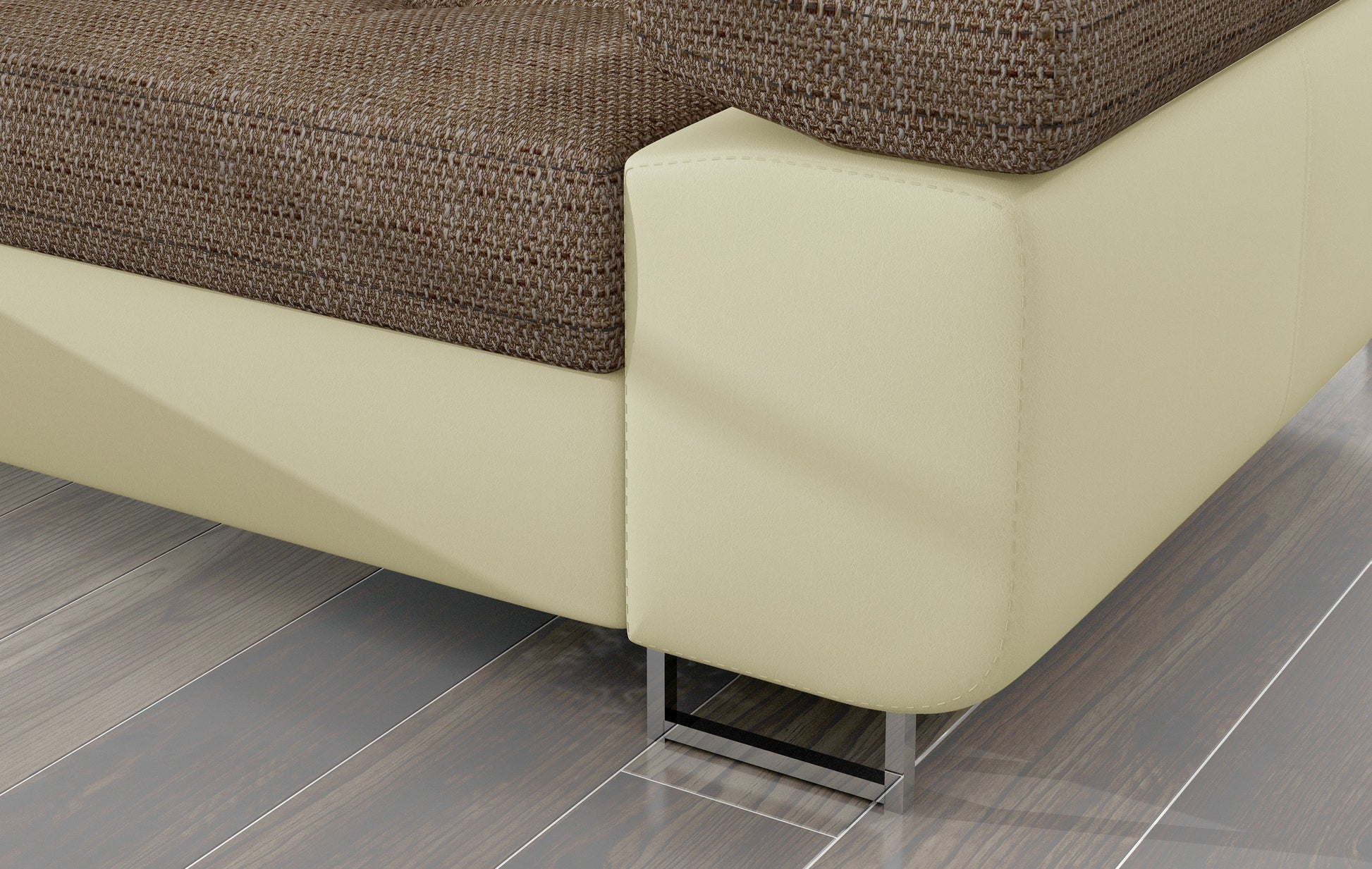 Detal narożnika Armando: ciemnobeżowa tkanina Berlin 03 i beżowa podstawa Soft 33 – widok narożnika z metalową nogą.