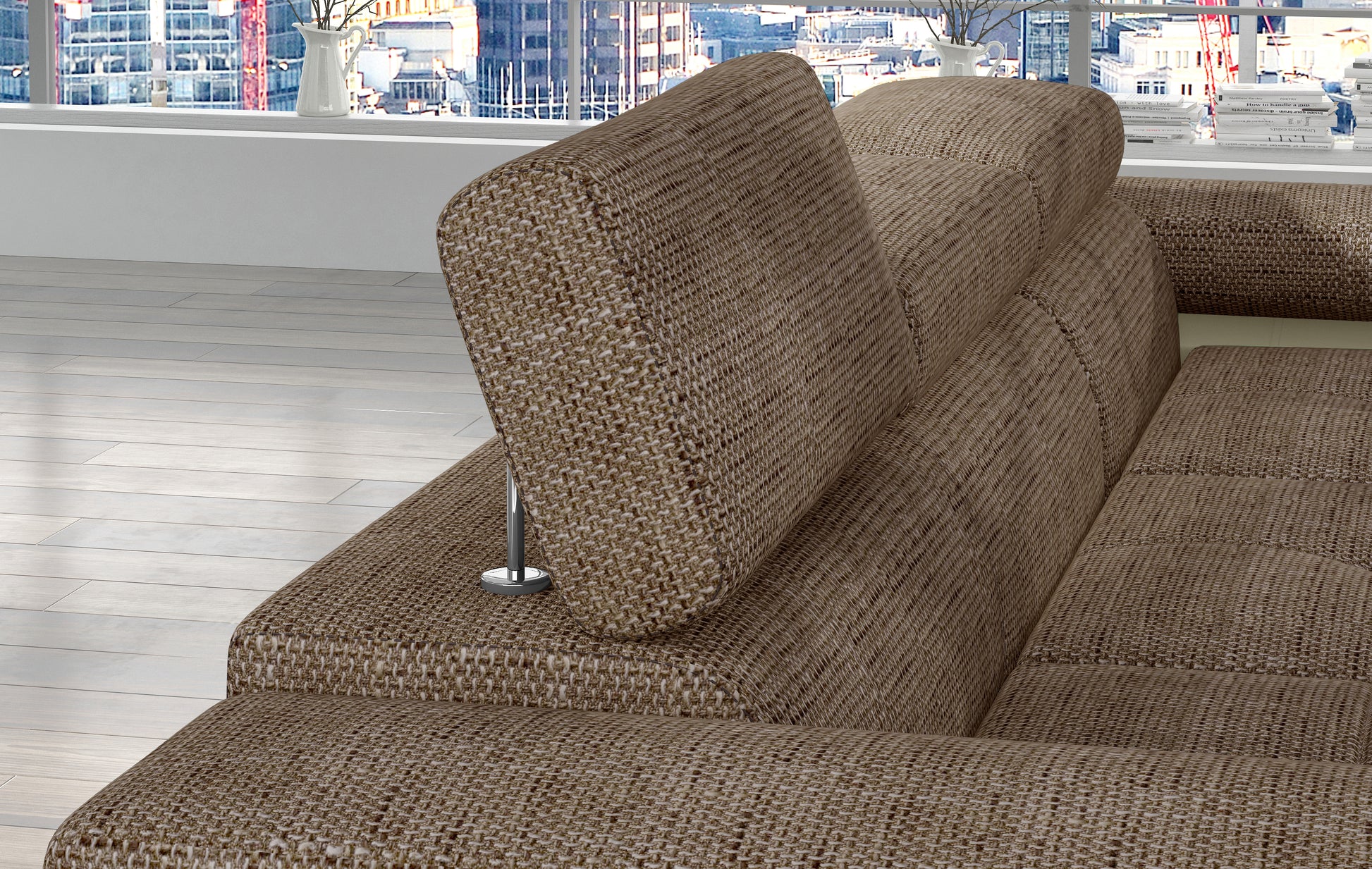 Regulowany zagłówek narożnika Armando w tkaninie Berlin 03 ciemnobeżowy – detal mechanizmu i miękkiego wykończenia.