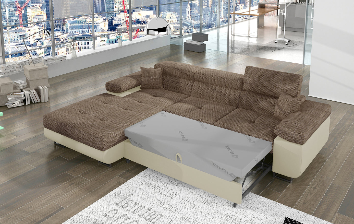 Narożnik Armando Berlin 03 ciemnobeżowy / Soft 33 beżowy – prezentacja funkcji spania z wysuniętym mechanizmem, ujęcie z góry.