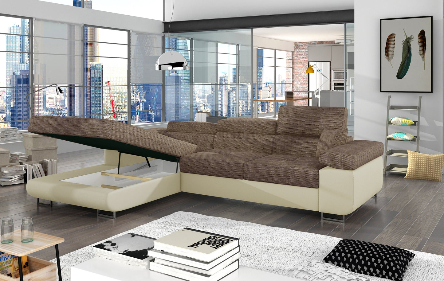 Narożnik Armando w tkaninach Berlin 03 ciemnobeżowy i Soft 33 beżowy – otwarty pojemnik na pościel, ujęcie boczne pokazujące wnętrze schowka.