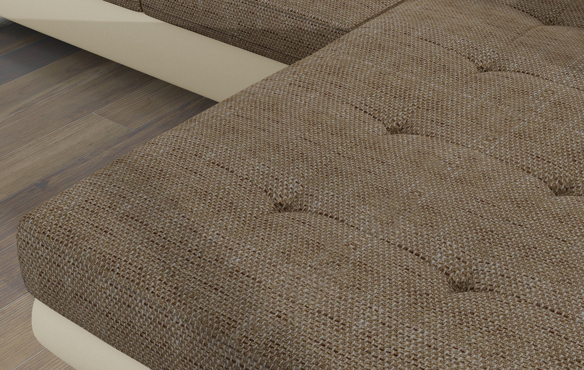 Zbliżenie na siedzisko narożnika Armando w tkaninie Berlin 03 ciemnobeżowy – widoczna pleciona faktura i pikowanie.