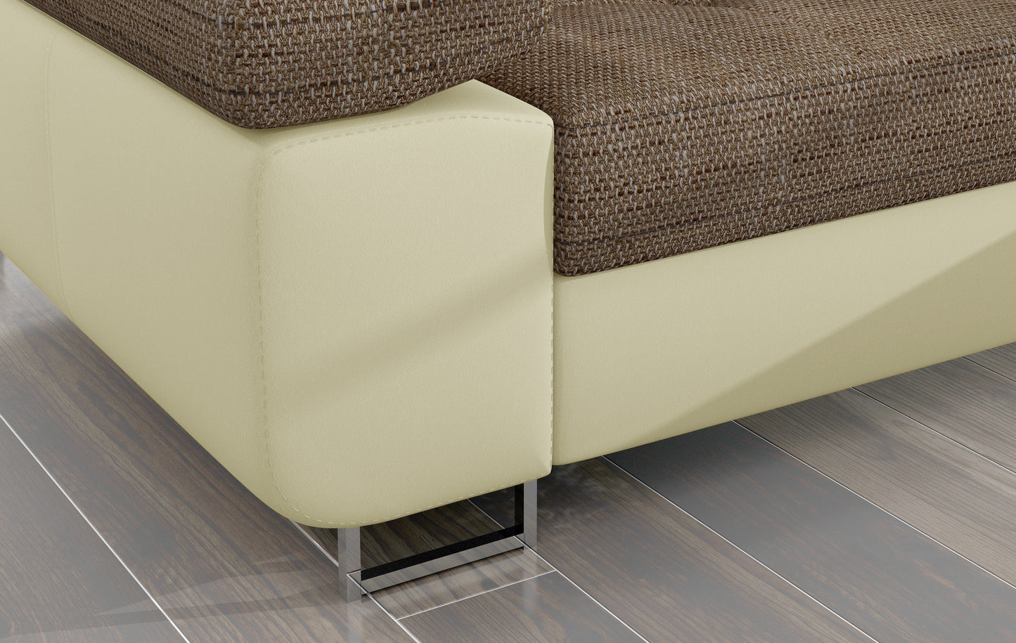 Detal narożnika Armando: beżowa podstawa Soft 33 i metalowa chromowana noga na tle drewnianej podłogi.