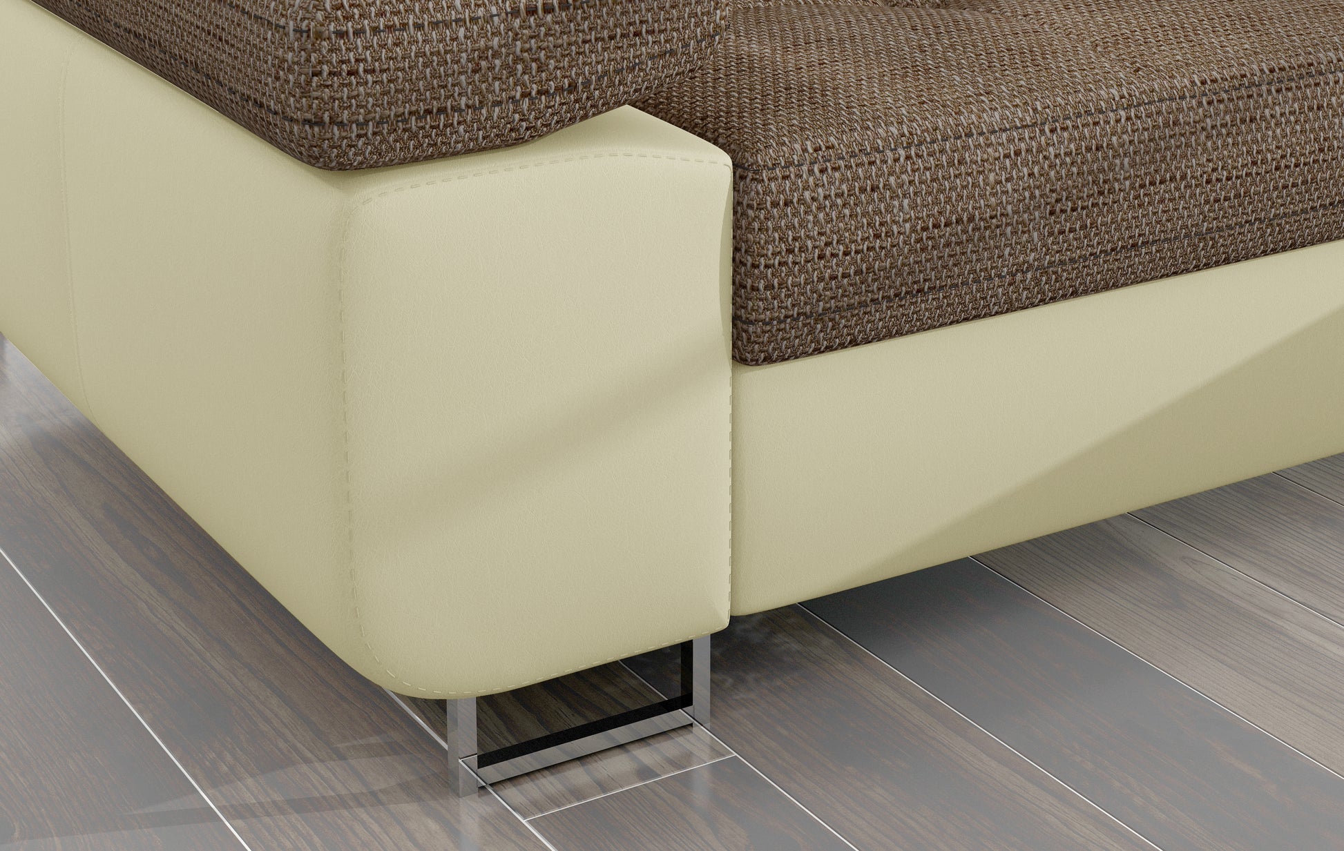 Detal narożnika Armando: beżowa podstawa Soft 33 i metalowa chromowana noga na tle drewnianej podłogi.