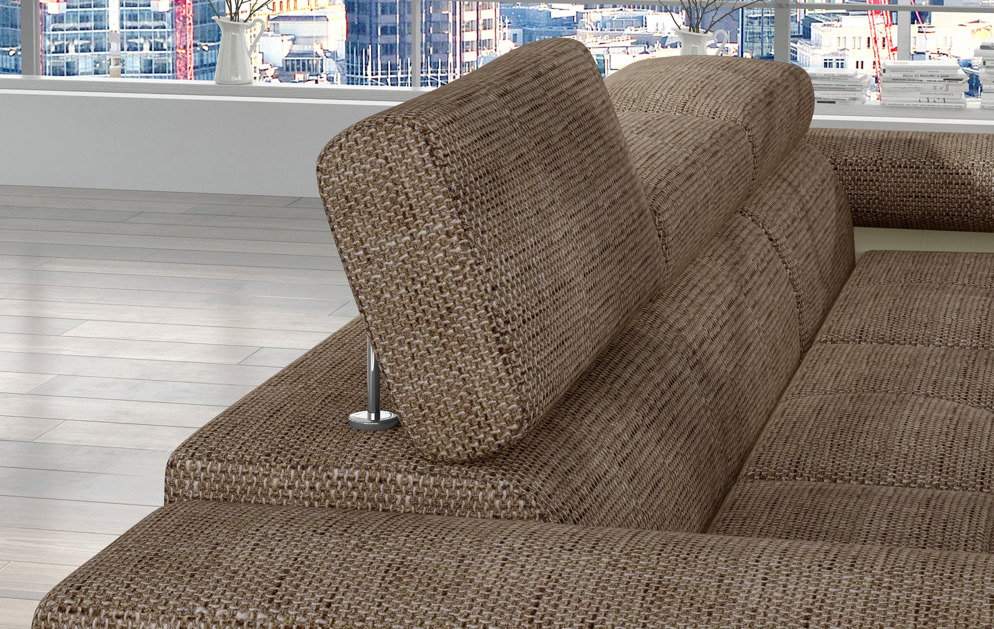 Regulowany zagłówek narożnika Armando w tkaninie Berlin 03 ciemnobeżowy – widok mechanizmu i struktury materiału.