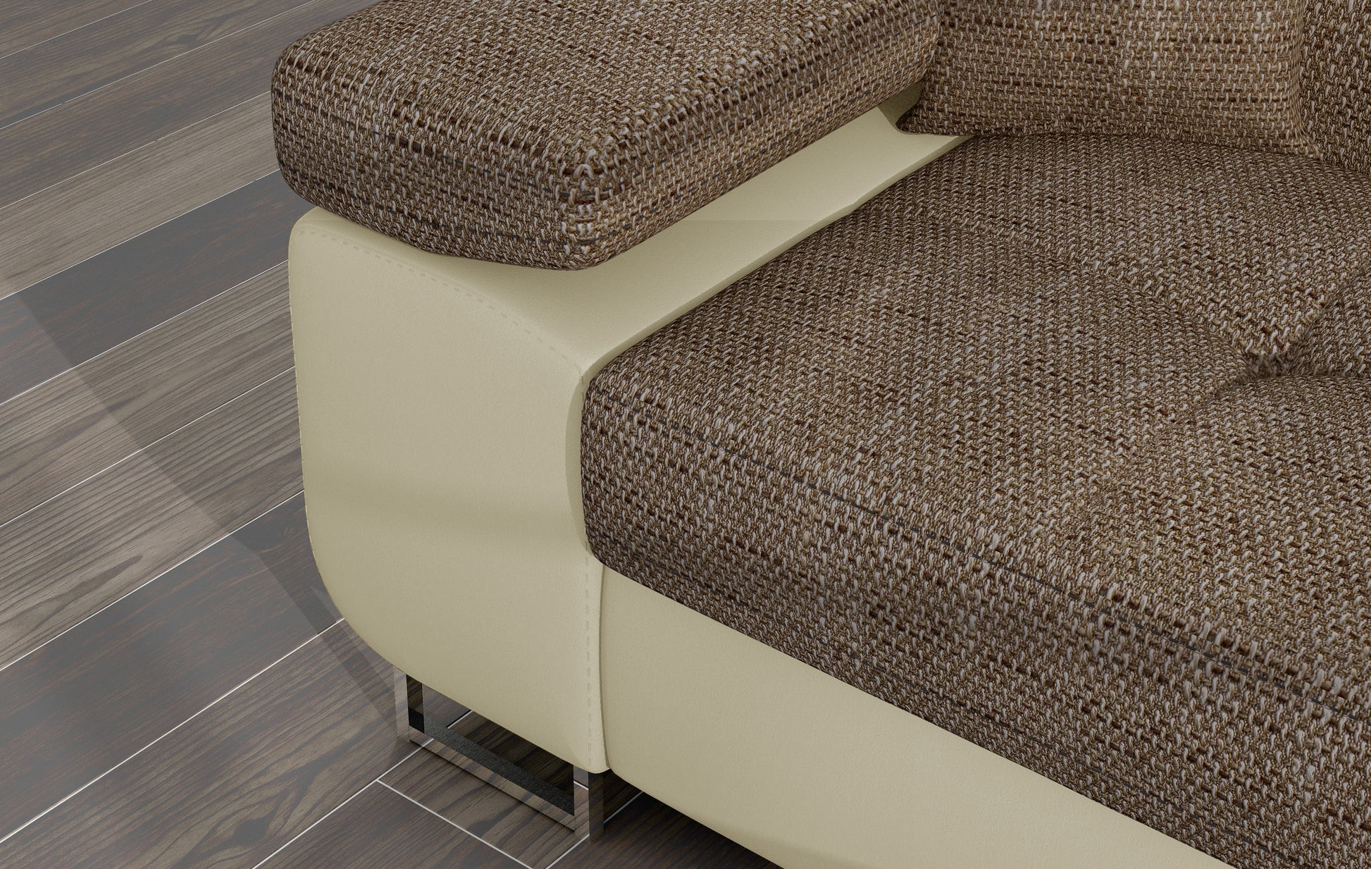 Zbliżenie na podłokietnik narożnika Armando w tkaninie Berlin 03 ciemnobeżowy z beżową podstawą Soft 33.