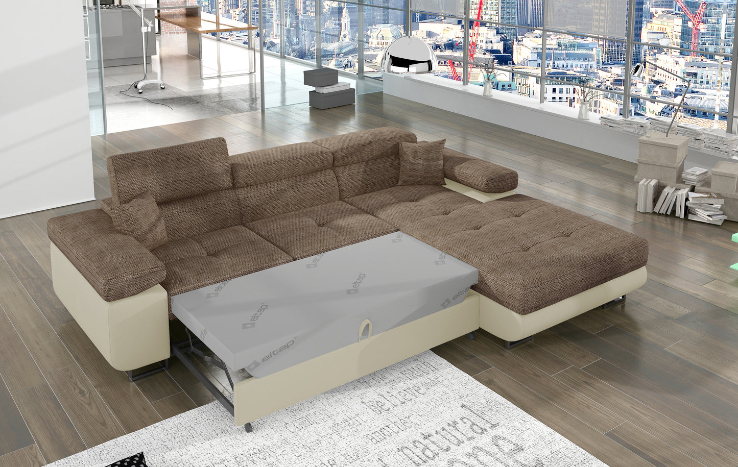 Narożnik Armando prawy rozłożony do funkcji spania z materacem, tkanina Berlin 03 ciemnobeżowy i podstawa Soft 33 beżowa.