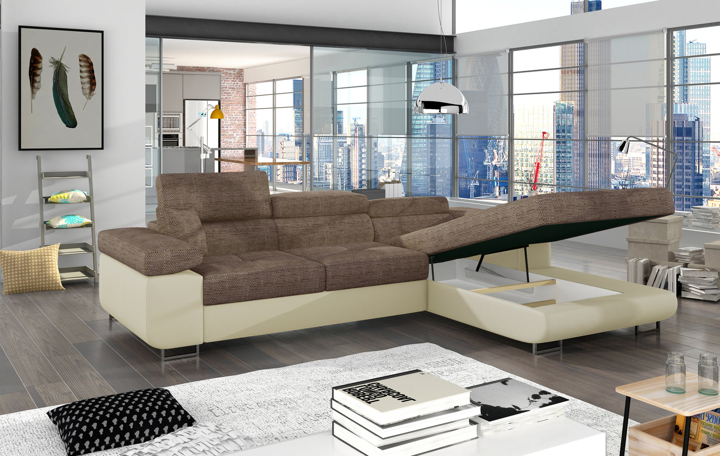 Narożnik Armando prawy Berlin 03 ciemnobeżowy / Soft 33 beżowy z otwartym pojemnikiem na pościel w przestronnym wnętrzu.