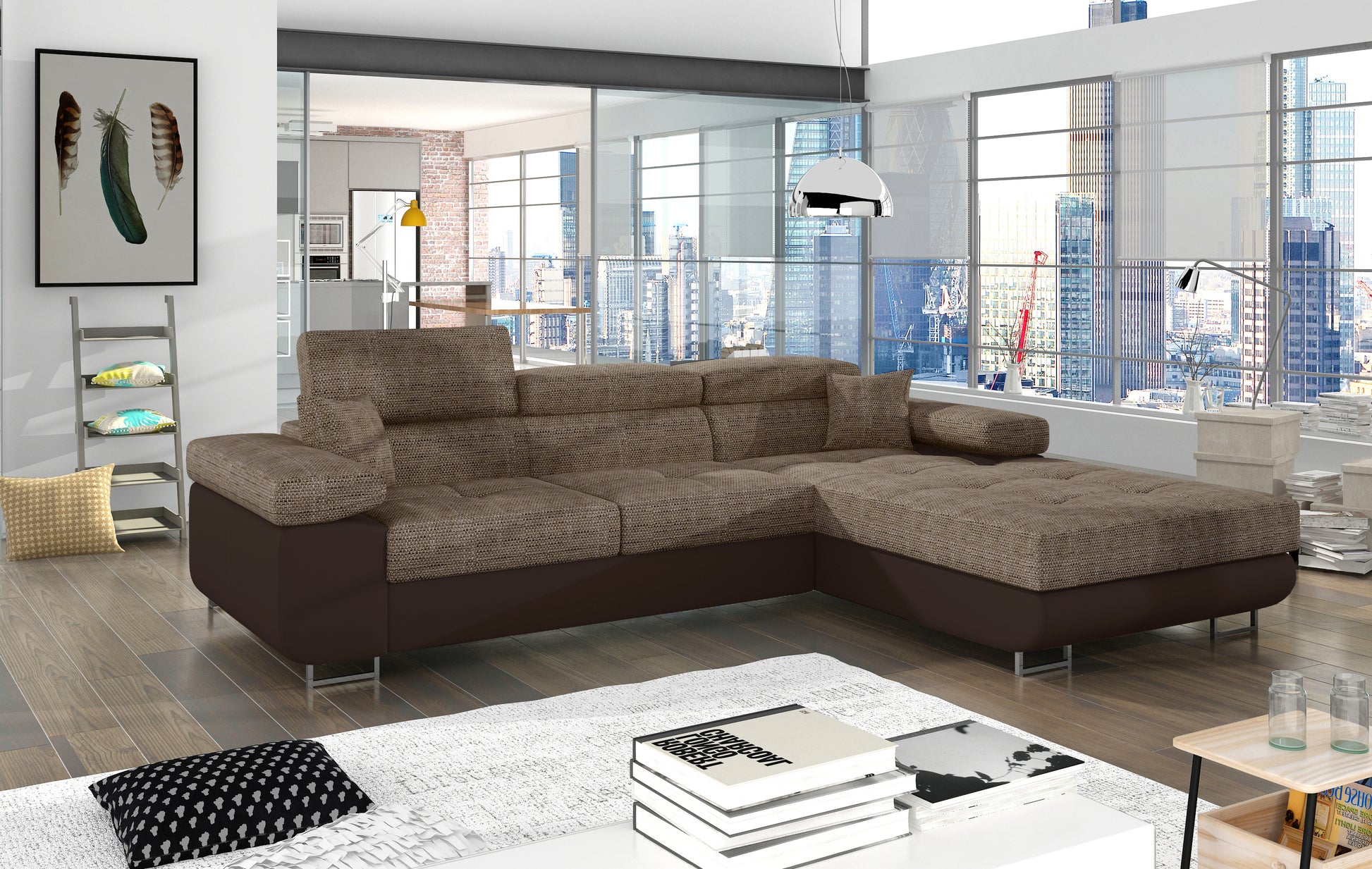 Narożnik Armando prawy w tkaninie Berlin 03 ciemnobeżowy i ekoskórze Soft 66 brązowy – aranżacja w nowoczesnym salonie z dużymi oknami.