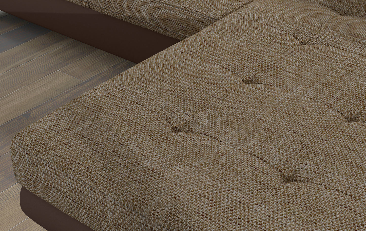 Zbliżenie na siedzisko narożnika Armando w tkaninie Berlin 03 ciemnobeżowy – widoczna pleciona faktura i pikowanie.