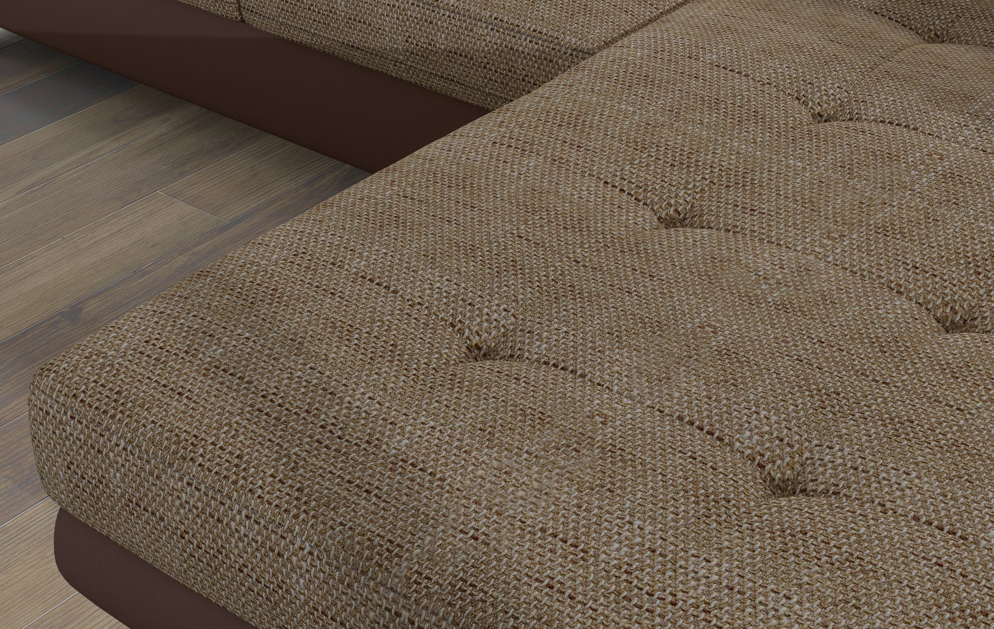 Zbliżenie na siedzisko narożnika Armando w tkaninie Berlin 03 ciemnobeżowy – widoczna pleciona faktura i pikowanie.