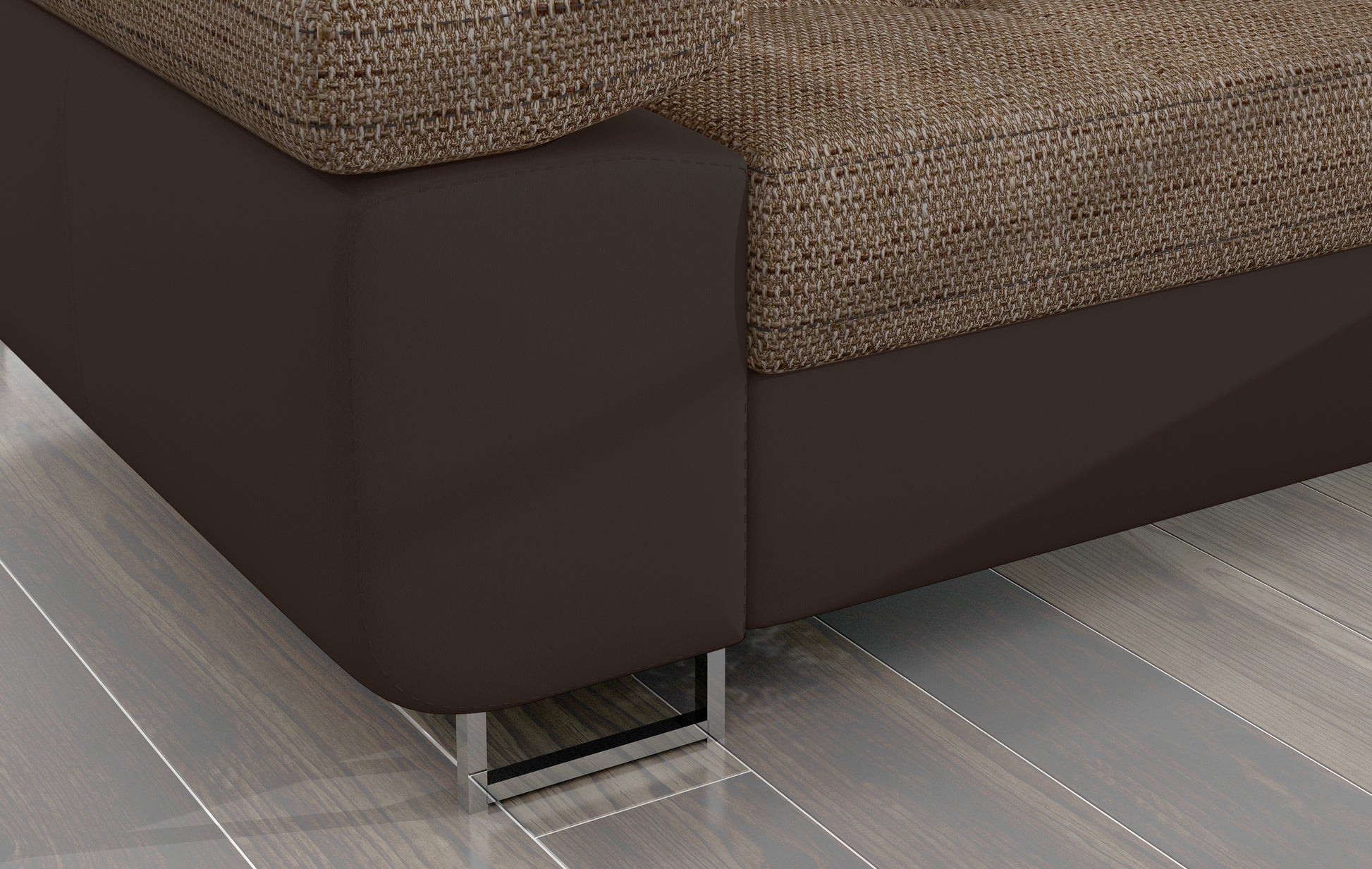 Detal narożnika Armando: brązowa podstawa Soft 66 i chromowana metalowa noga na tle drewnianej podłogi.