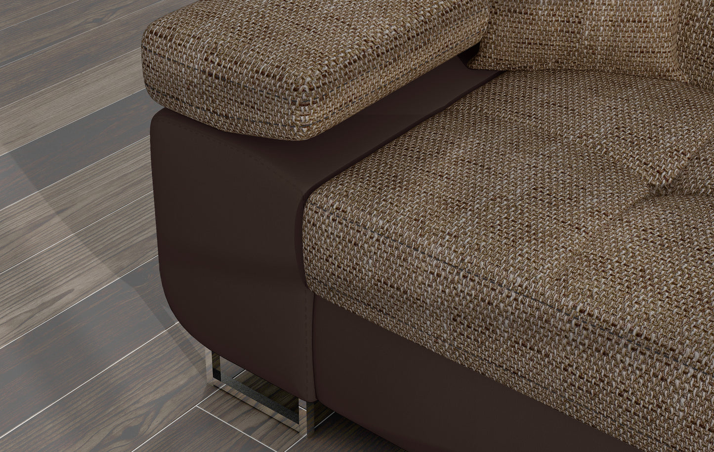 Zbliżenie na podłokietnik narożnika Armando w tkaninie Berlin 03 ciemnobeżowy z brązową podstawą Soft 66.