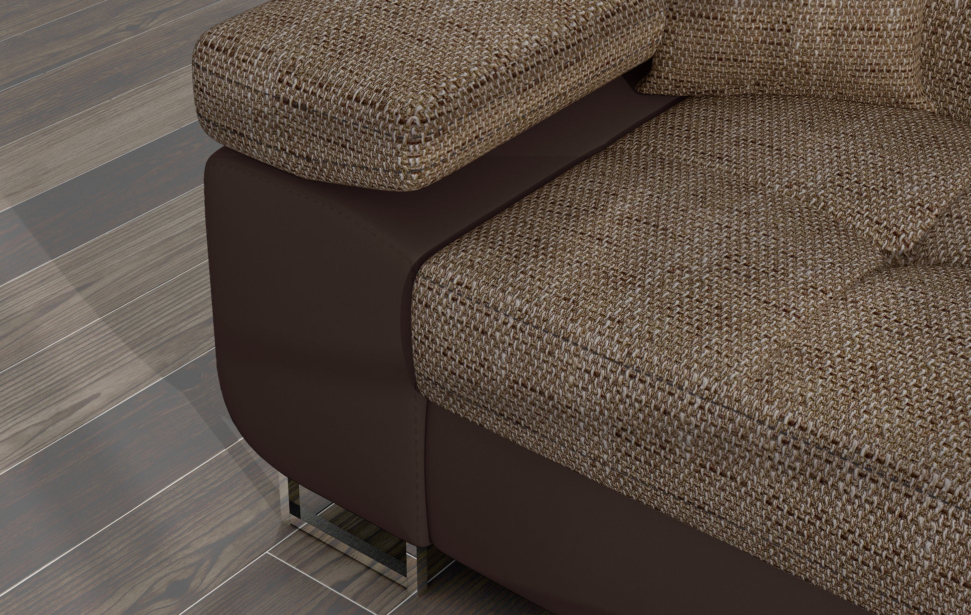 Zbliżenie na podłokietnik narożnika Armando w tkaninie Berlin 03 ciemnobeżowy z brązową podstawą Soft 66.